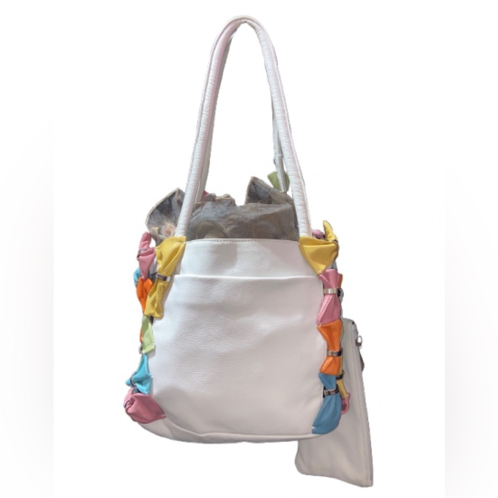 Renato Angi Multicolor Bow Tote one scratch on the back see last picture - Picture 2 of 7